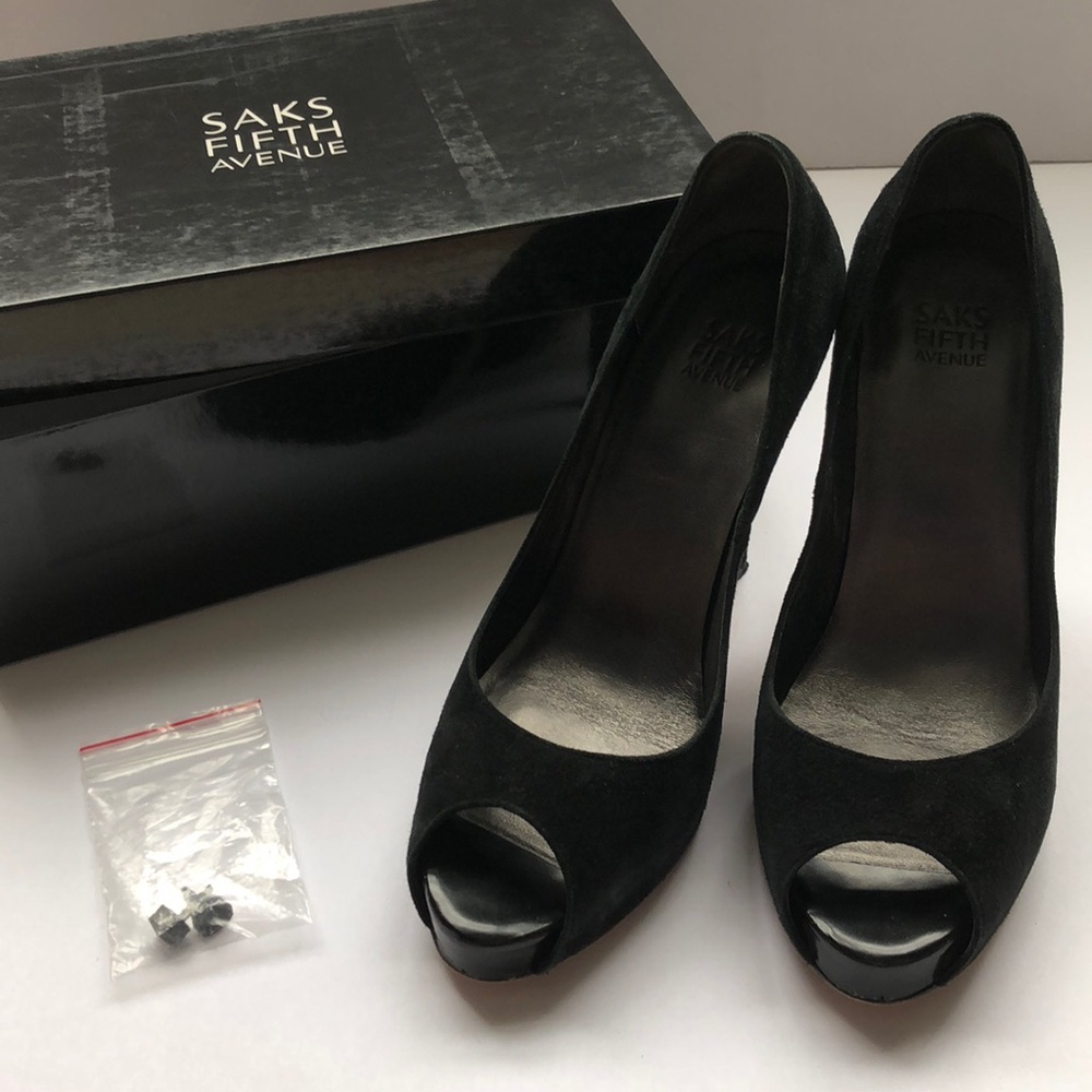 Black suede peep toe heels